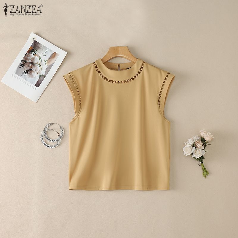 ZANZEA Women Elegant Round Neck Casual Short Sleeve Blouse