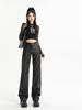Women's High Waist Black PU Leather Pants - Autumn Korean Style, Slimming, Wrinkled Design, Casual Long Fit.