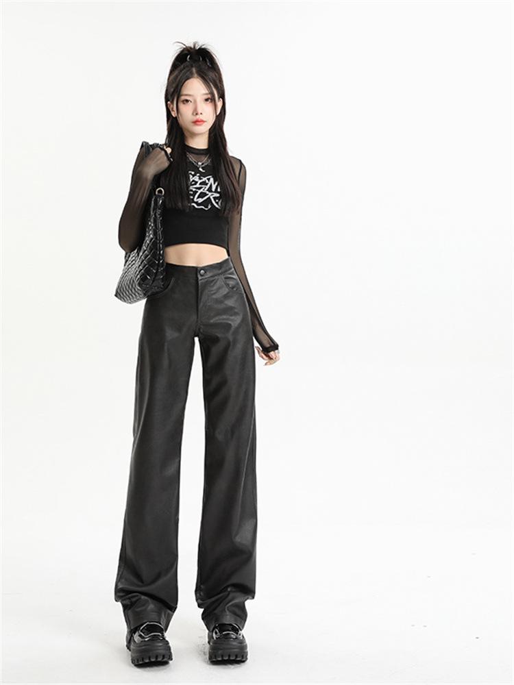 

Women s High Waist Black PU Leather Pants - Autumn Korean Style, Slimming, Wrinkled Design, Casual Long Fit. 2XL чёрный