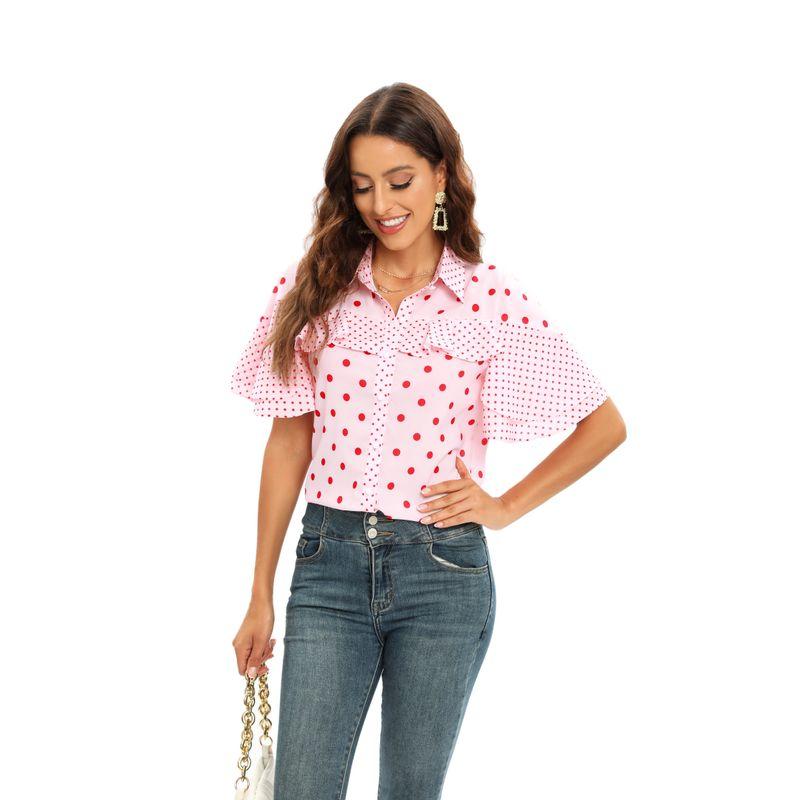 

Korean Style Sweet Work Clothing Single-Breasted Polo Collar Polka Dot Dots Print Short-Sleeved Chiffon Shirt Chiffon Shirt Pink 2XL