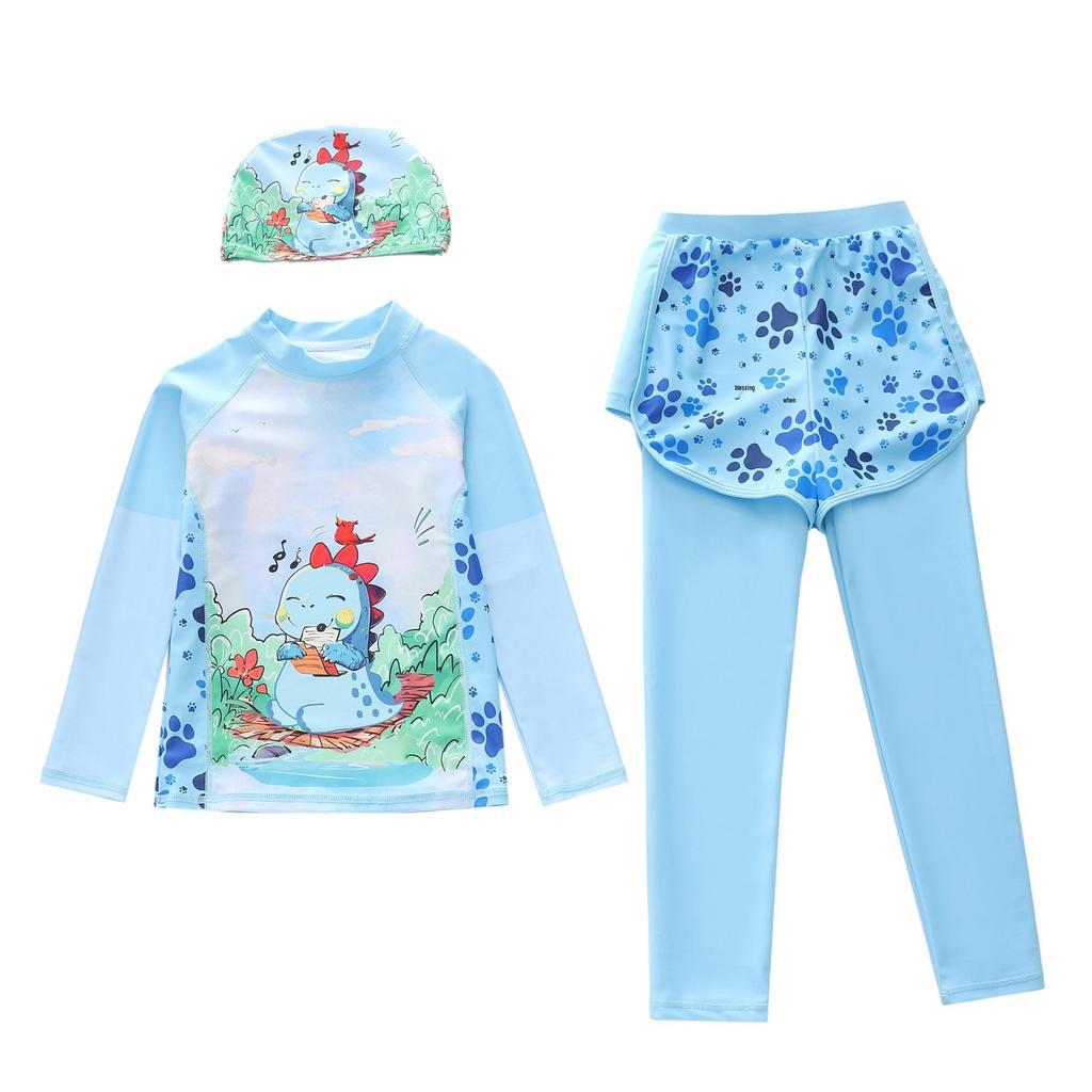 Boys' Quick-Dry Cartoon One-Piece Swimsuit with Long Sleeves and Sun Protection