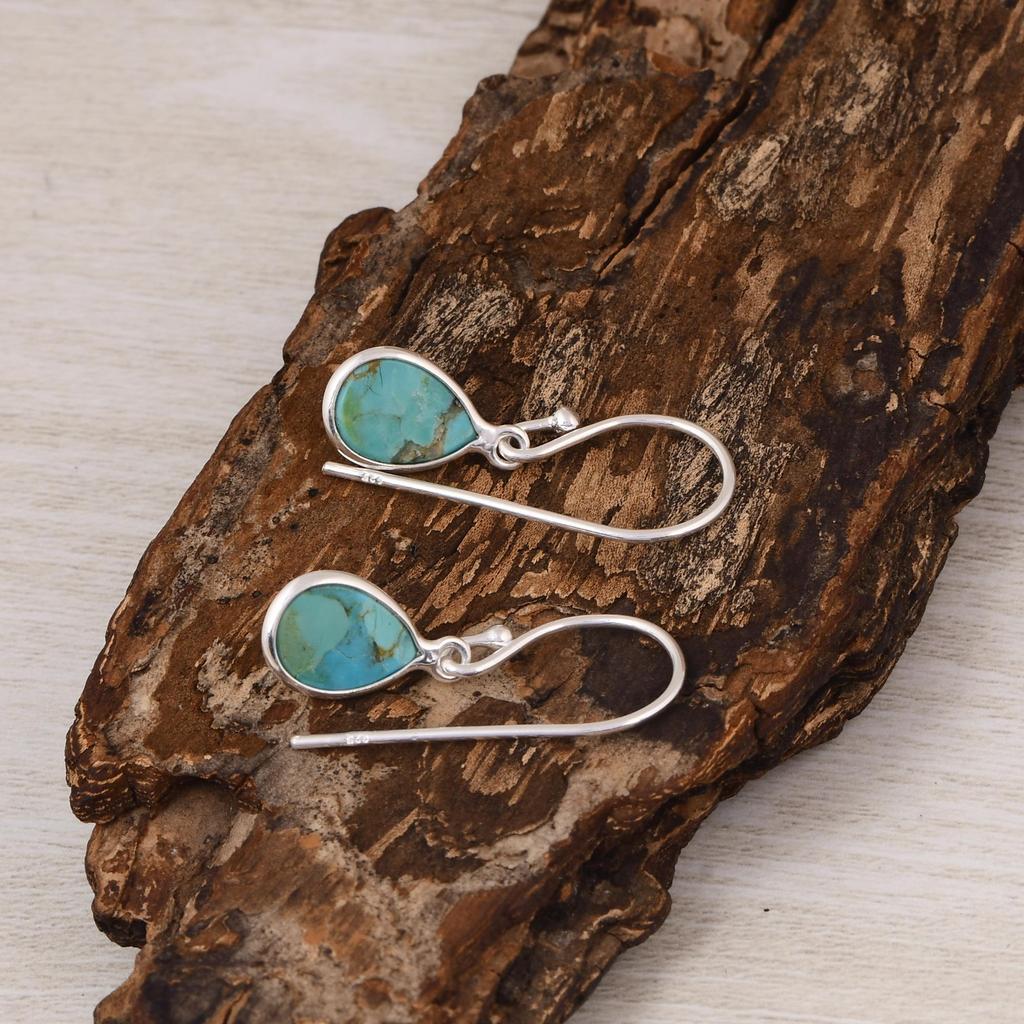 Kingman Turquoise Pear Earrings – 925 Sterling Silver Drop Earrings – Teardrop Gemstone Jewelry for Women.