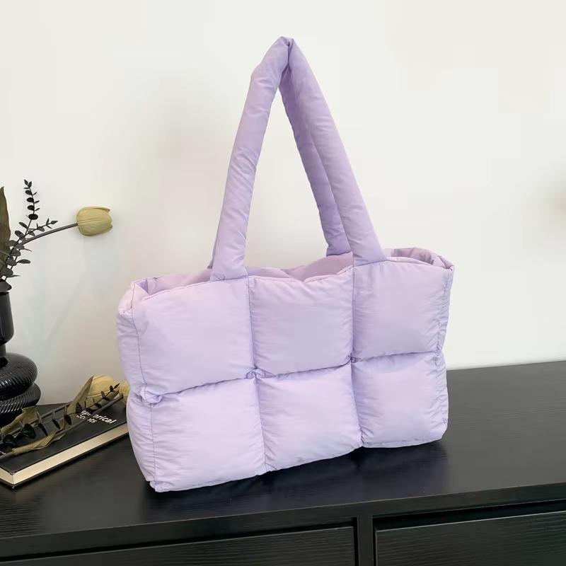 Dames Gekantelde Puffer Tote Tas Grote Capaciteit Waterdicht Schouder Handtas Effen Kleur Zacht Casual Winter Boodschappentas paars