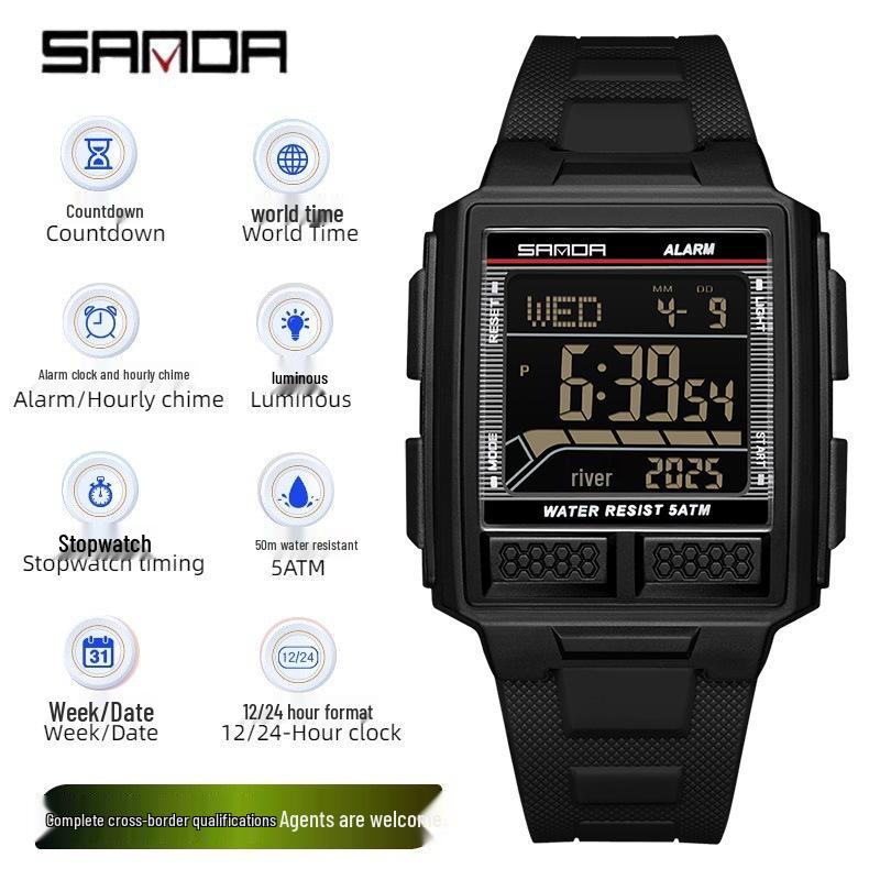 Sanda Student Waterproof Multifunctional Luminous Sports Watch with Large Square Screen