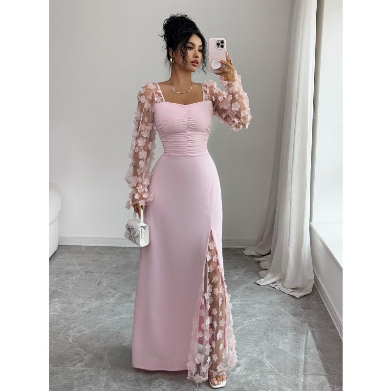 

VEZFAA Women s Fashion Spring Fall Solid Color Print Long Sleeve Square Collar Loose Waistlinet Casual Dresses S розовый