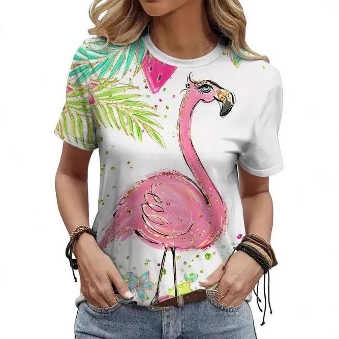 Sommer Rund Hals 3D Dyreprint Topp Moteable Casual Kortarmet Dame T-skjorter