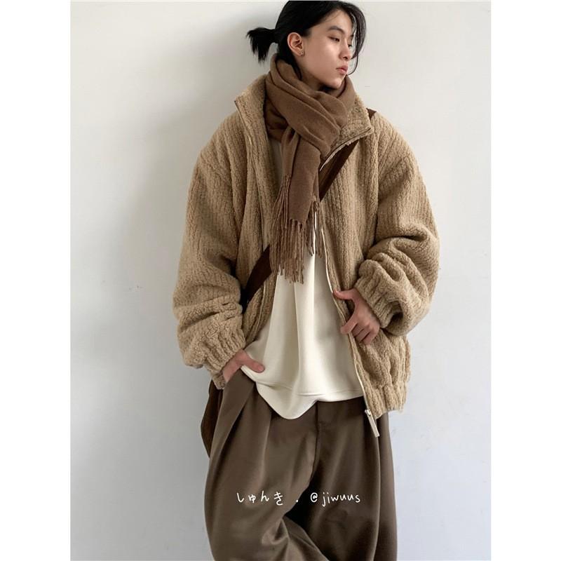 Winter Japanese Style Stand Collar Fleece Puffer Jacket Loose Fit Casual Warm Coat Teens