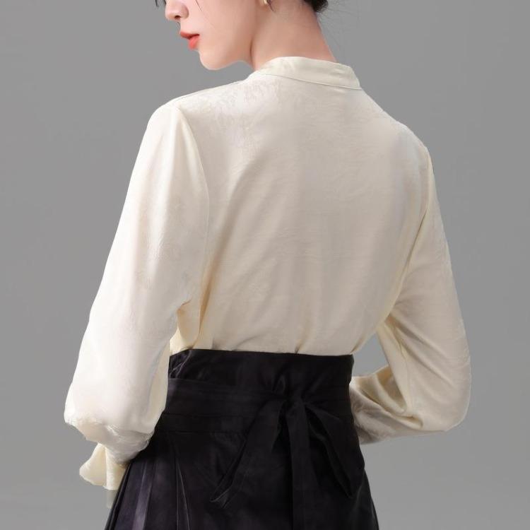 New Age Reducing Chiffon Shirt for Women Chinese Style Small Stand Up Collar Flare Spring Autumn Blouse Good Looking