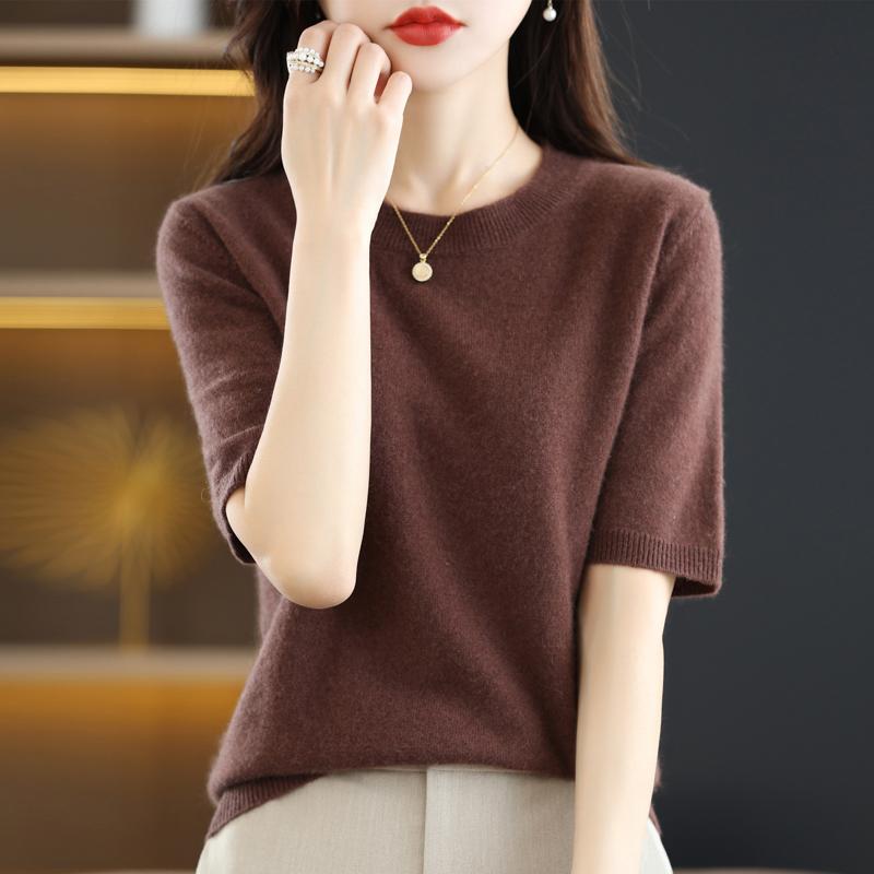 Women's Spring and Summer Short-sleeved Women O-neck Slim Pullover Vest T-shirt Knitted Base Sweater