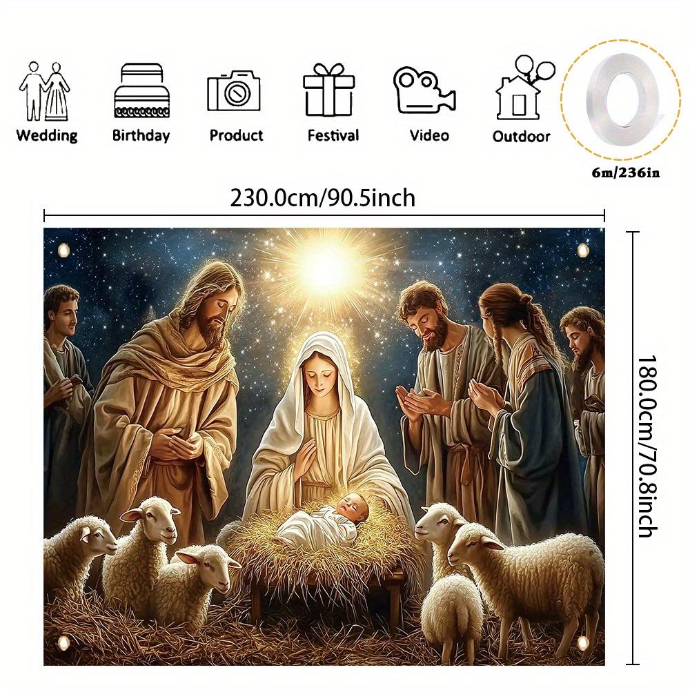 2D Flat Banner 1 Piece Christmas-themed Background Fabric Nativity Sheep Pattern Party Banner Polyester
