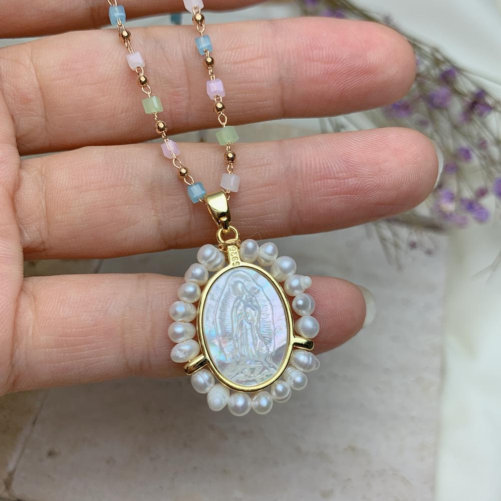 

Ожерелье Religiou Lady Of Guadalupe для женщин, натуральный пресноводный жемчуг, ракушка, овальная медаль, кулон, ювелирное изделие 50cm белый