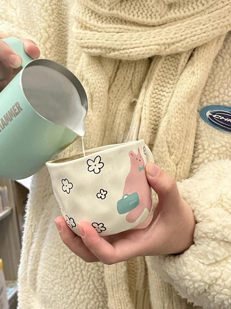 Creative Cute Bear Pattern Ceramic Mugs with Handle Hand Pinched Irregular Coffee Cups Handmade Breakfast Milk Oatmeal Tea Cup