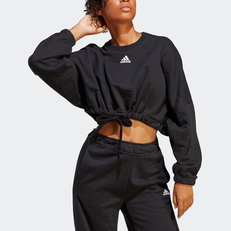 adidas Solid Color Logo Print Cropped Sweatshirt Women Tops Black IC6624