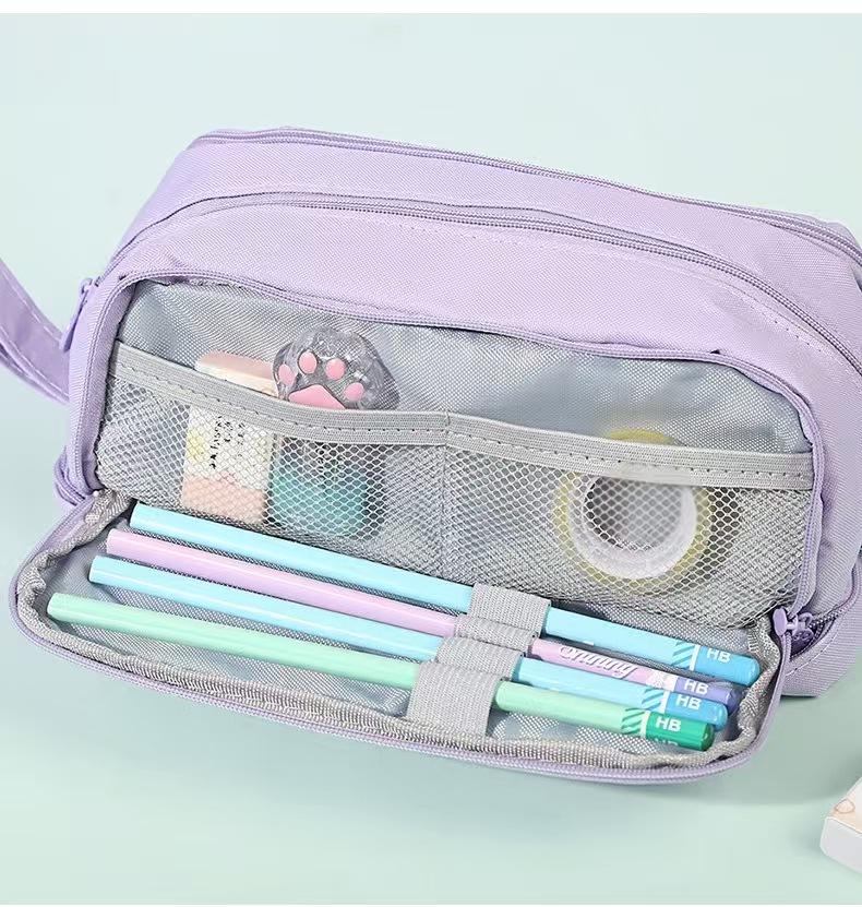Double-Layer Stain-Resistant Pencil Case: Large-Capacity, Solid-Color Storage Bag for Students