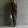 One Shoulder Long Dress for Women Satin Maxi Gown Asymmetrical Hem Elegant Sleeveless Formal Evening Party Wear