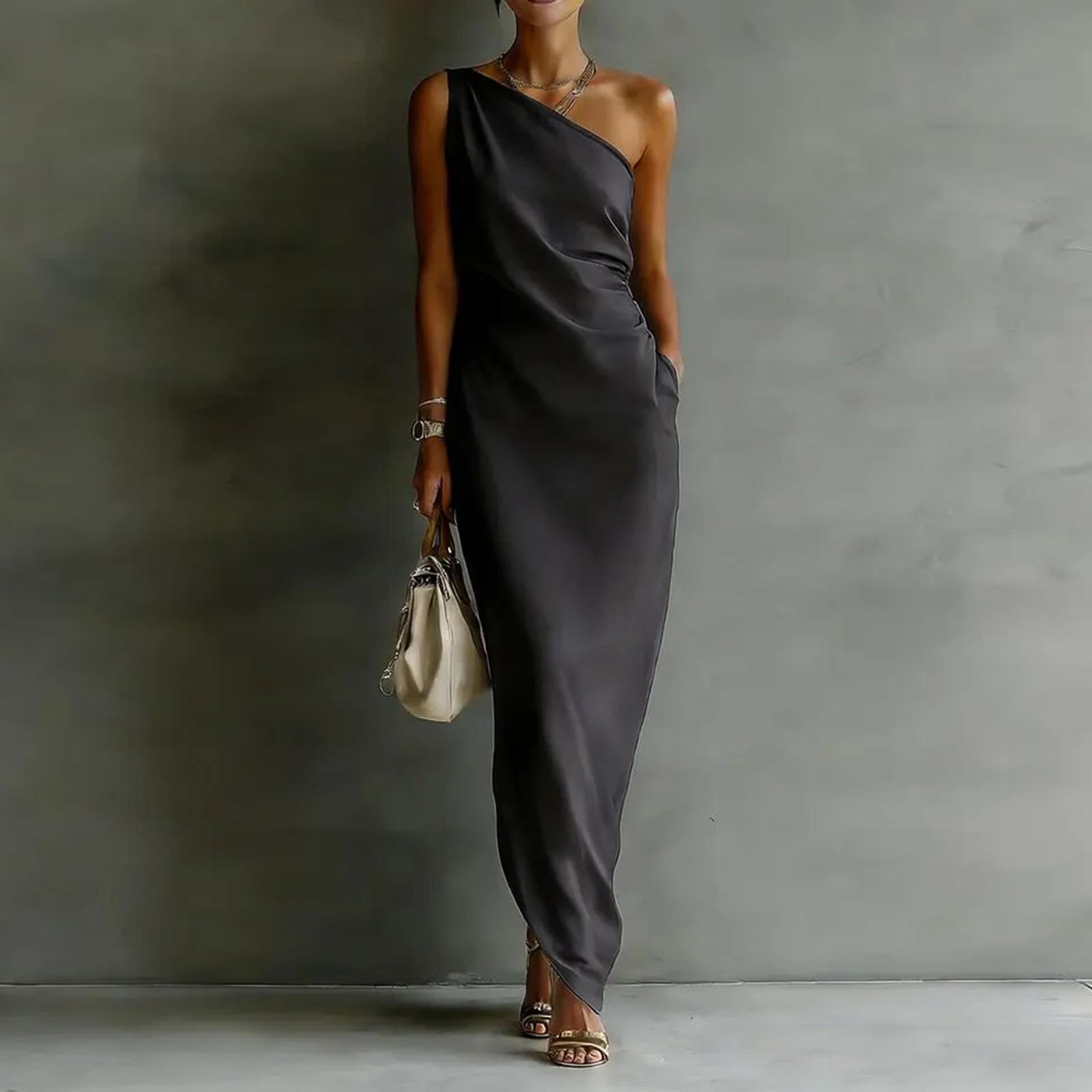 Women s Color Slanted Shoulder Satin Slim Fit Long Dress L чёрный