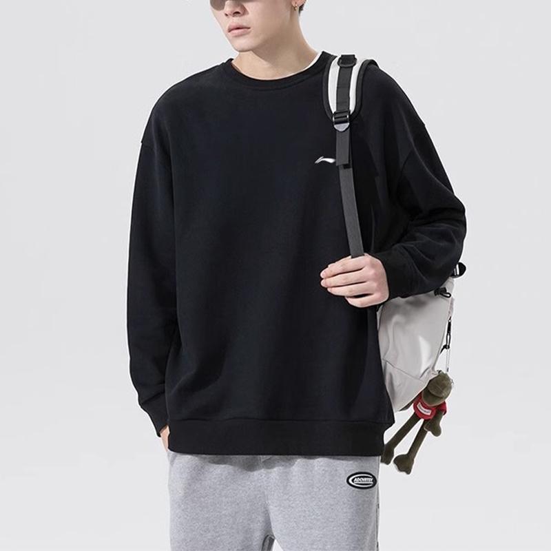 LiNing Solid Color Brand Logo Loose Casual Pullover Round Neck Sweatshirt Men sweatshirt Black AWDTC73-1