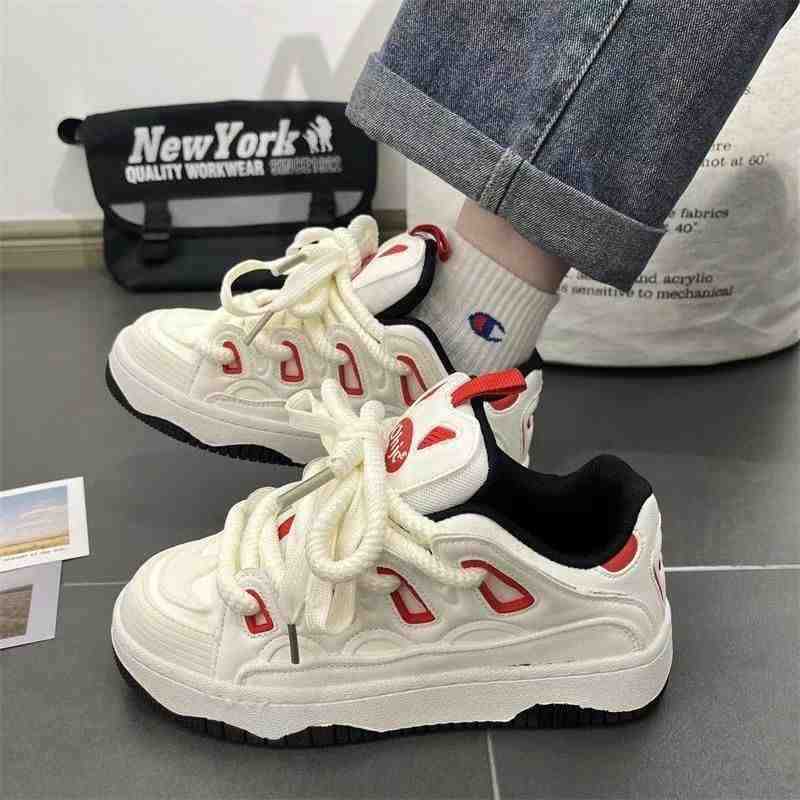 Women's Sports Shoes Platform Trend Casual Shoes Student Splicing Leather Surface Autumn and Winter Board Shoes