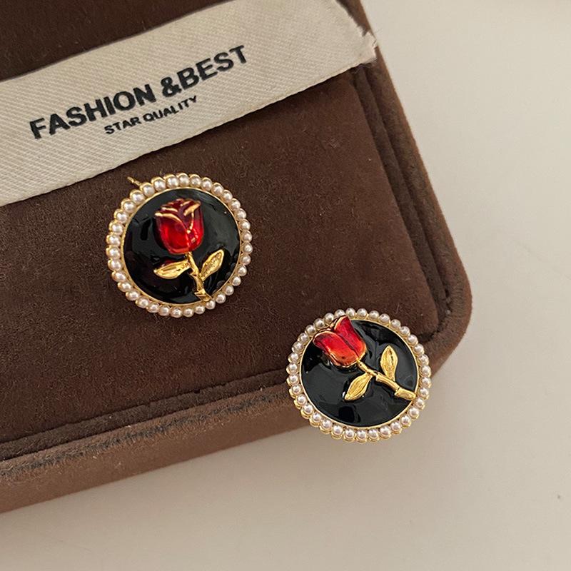 Ankara Red Rose Flower Stud Earrings French Retro Temperament Earrings Women'S Festive High-End Drip Glaze Hepburn Style Earrings