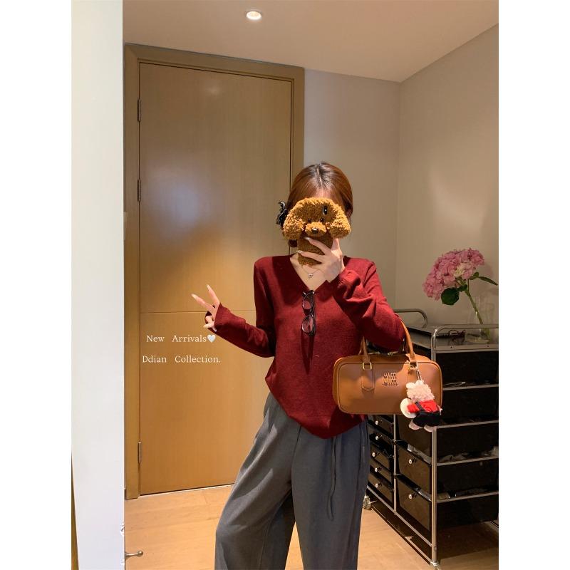 Fashion Collar Knitted Sweater Women's Soft Waxy Bottoming Shirt Autumn and Winter Simple Versatile Lazy Style Long-sleeved Inner Top