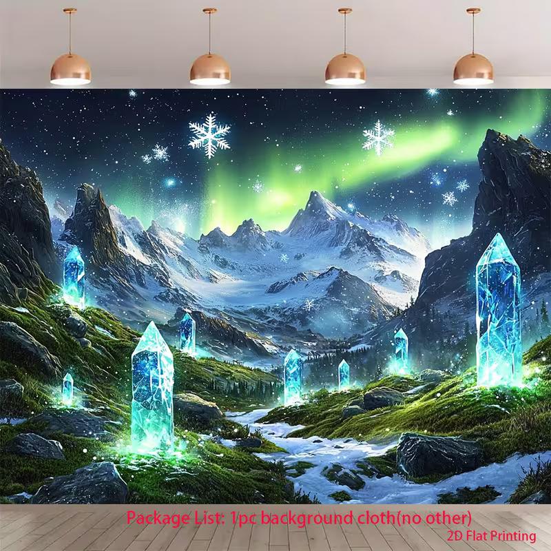 2D Aurora Borealis Tapestry, Glowing Blue Crystal & Winter Landscape Wall Hanging 47.2x31.5inch/120*80cm