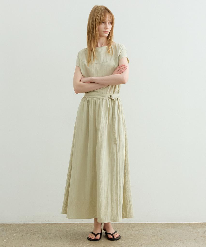 Artid Boat Neck Belted Long Dress_Light Beige