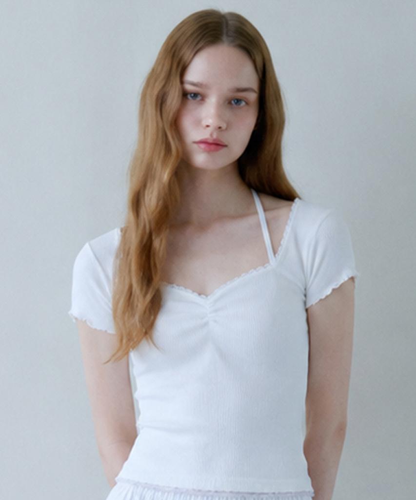 PINK PINEAPPLE Dew Lace Shirring T-Shirt_White