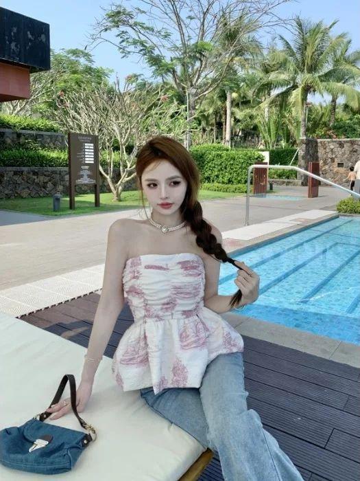Sweet and Spicy Ink Printing Chiffon Tube Top Women's Summer French Waist Vest, Sleeveless Skirt Top