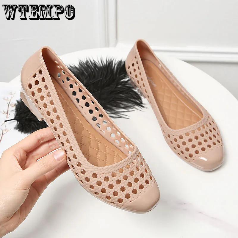 WTEMPO Women Hollow-out Soft Thick Heel Work Shoes Versatile Non-slip Large Size Solid Color Casual Single Shoes