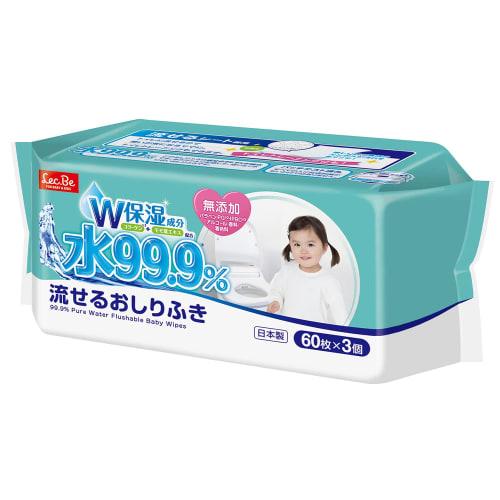 

LEC Pure Water Baby Care 99.9% Flushable Baby Wipes, 60 sheets x 3 packs (180 wipes), Contains Collagen and Peach Leaf Extract, Double Moisturizing In