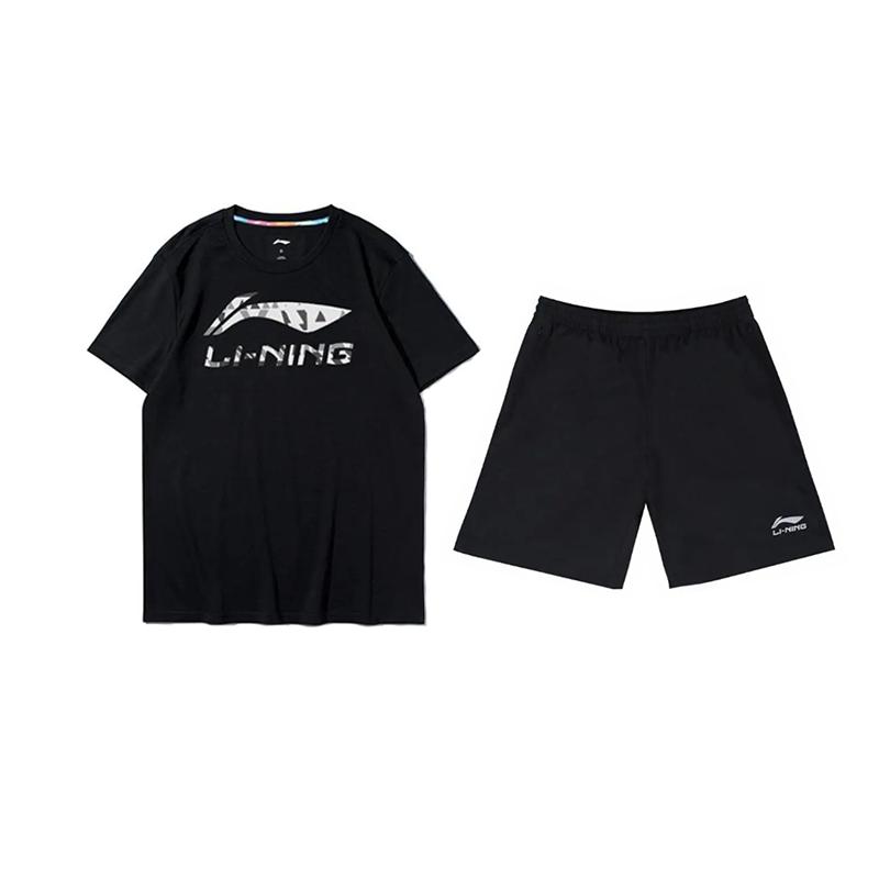 Li Ning Logo Letter Print Round Neck Pullover Short Sleeve T-Shirt Loose Fashion Versatile Shorts Casual Sports Set Unisex sets AHST791-1+YKSV147-2