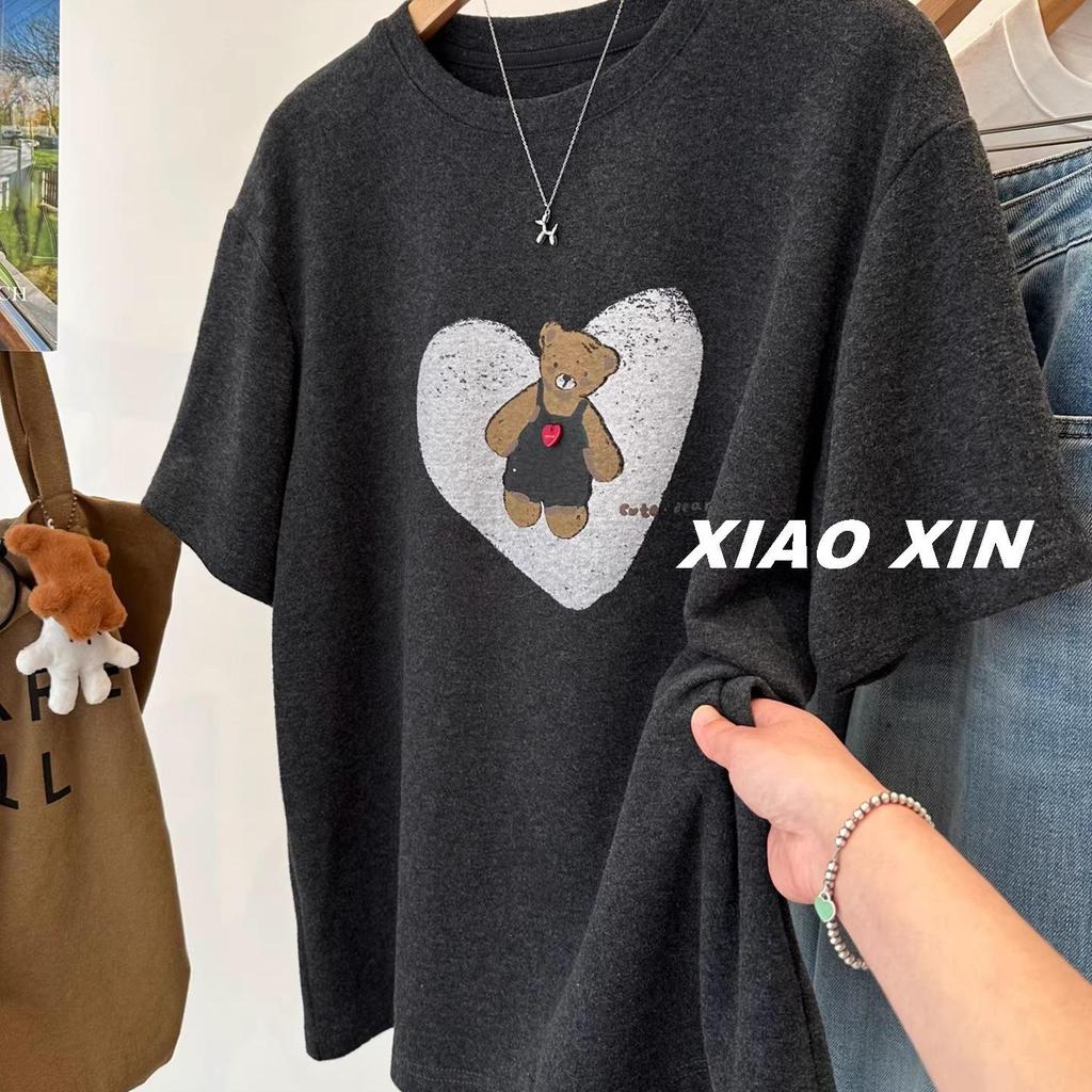 Beautiful Korean Style Plush T-Shirt with Heart and Bear Print - Women's Casual Short-Sleeved Top