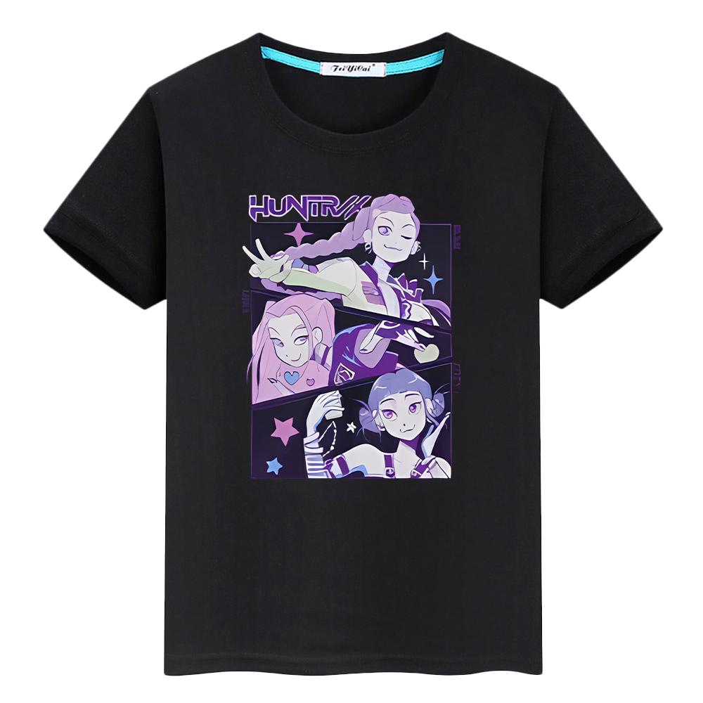 

100% хлопок принт kpop охотники на демонов детская футболка для детей мальчик 10 лет Каваи Короткий y2k one piece аниме Топы Милые футболки одежда для девочек 160 чёрный