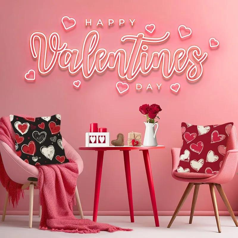 Love Heart Print Valentine'S Day Home Decor Pillowcase Bedroom Living Room Sofa Decoration Polyester Cushion Cover With Zipper