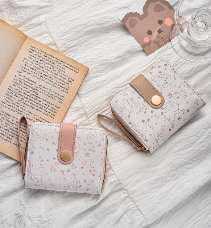Japanische Niedliche Kätzchen Damen Kurze Geldbörse mit Reißverschluss Münzfach und Kartenhalter