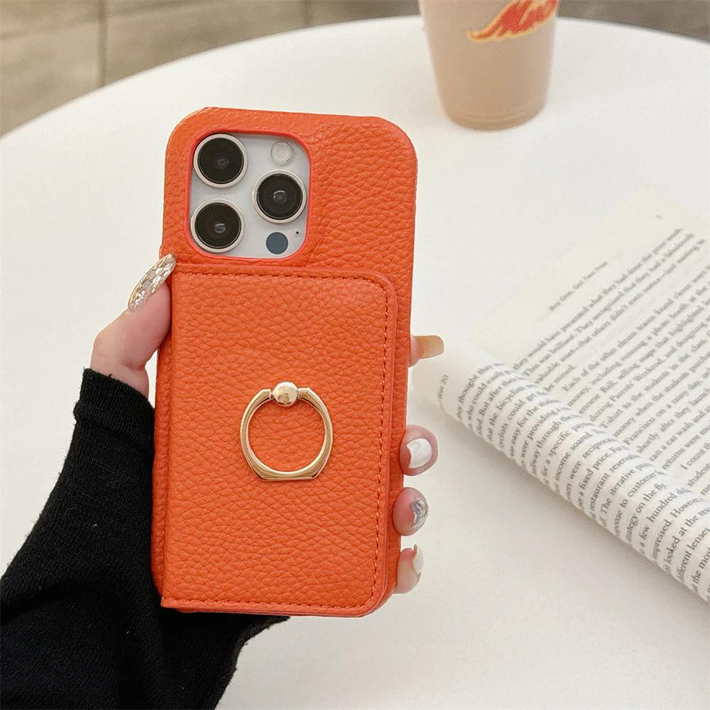 Ring with Card Holder Phone Case for IPhone 15 14 11 Pro Max 13 12 Mini XR XS X Max 8 7 Plus PU Leather Shockproof Shell Cover