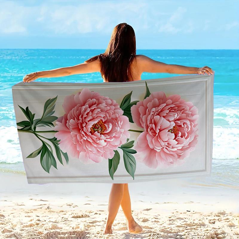 1 Stück Pfingstrosen-Design Strandtuch Elegantes Rosa Blumenmuster Badetücher Weiches Mikrofaser-Gewebe Unisex Übergröße Handtuch zum Schwimmen