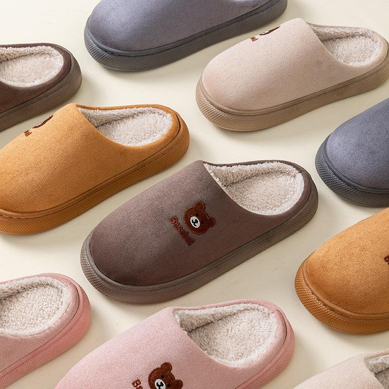 Autumn and Winter Cotton Slippers Women's Indoor Home Silent Non-slip Velvet Warm Slippers Couple Cartoon Bear Cotton Drag Men