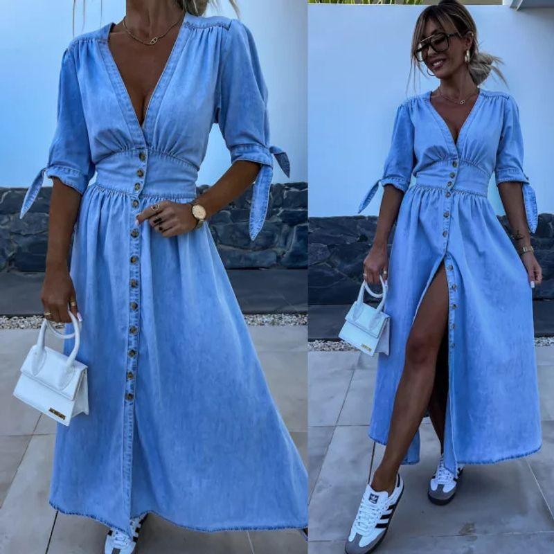 

2025 Summer Fashion Deep V Neck Short Sleeve Loose Long Button Pleated Shoulder Waist Design Silm Dress Dress Blue S