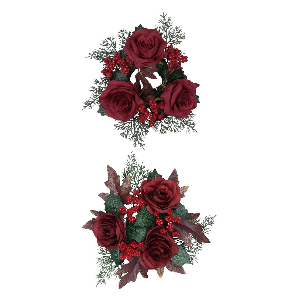 Christmas Candle Ring Wreath Party Artificial Rose Flower Candlestick Holder