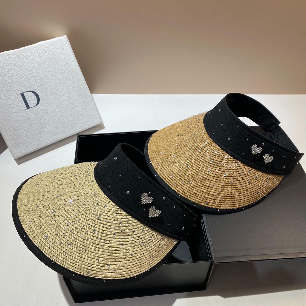 Light Luxury Rhinestone Empty Top Hat Summer Straw Hat Women's Love Sun Hat Outdoor Big Brim Folding Sun Hat