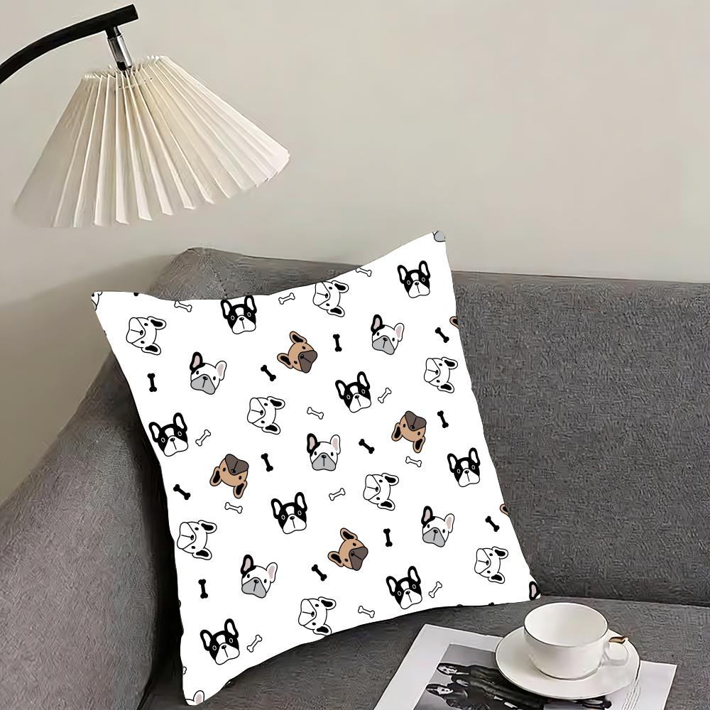 Cartoon French Bulldog Pattern Cushion Cover Reversible Plush Pillow Cover – For car, sofa, bedroom, perfect as a gift.