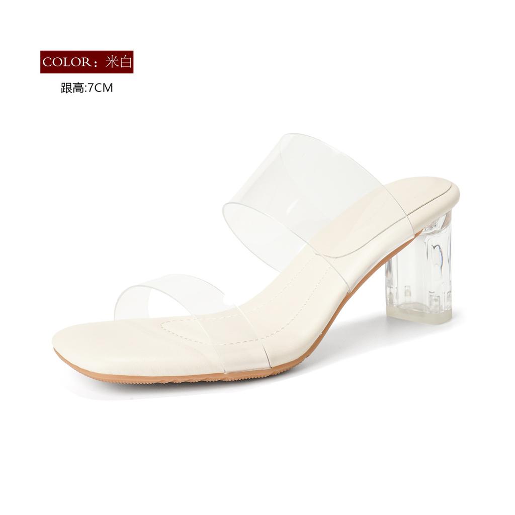 One word with high heel sandals women's summer explosion transparent crystal thick heel cool slippers outside wear