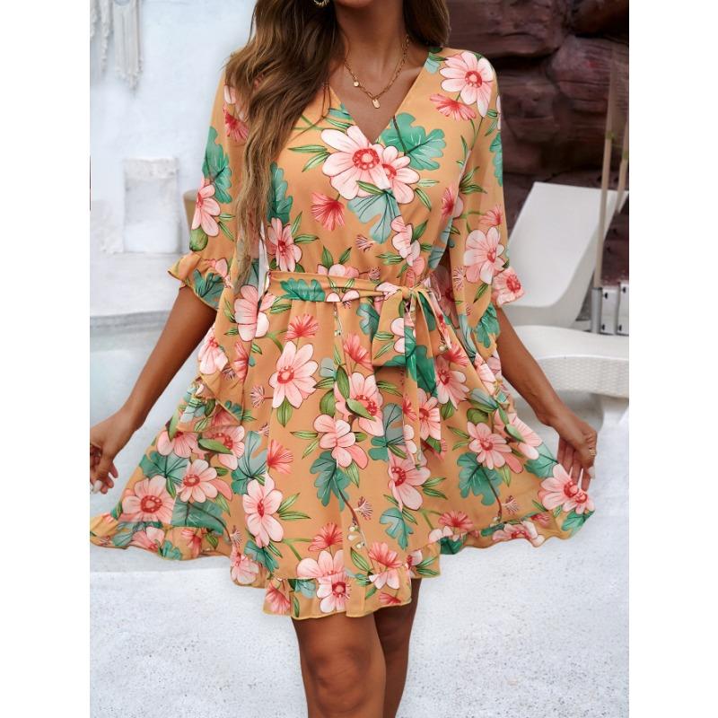 Women's Summer Vacation Casual Printed Lace-up Chiffon Dress