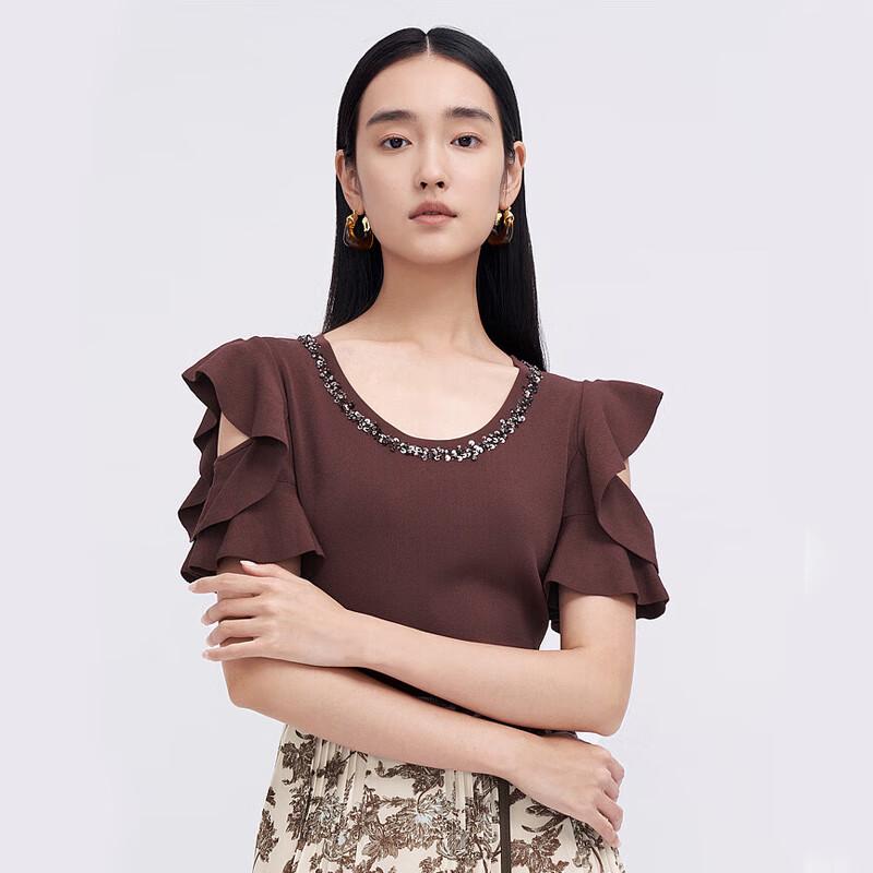 

ELLASSAY Women s Dark Brown Off-Shoulder Short Sleeve Knit Top S