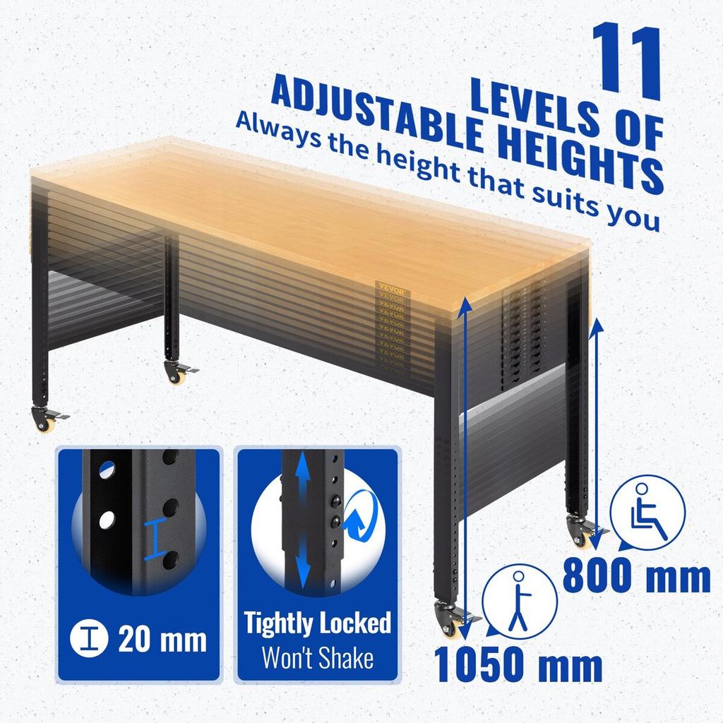 Workbench Adjustable Height, 155 x 51 cm Garage Table w/ 80 – 105 cm Heights & 720KG Capacity, with Power Outlets & Hardwood Top & Metal Frame &