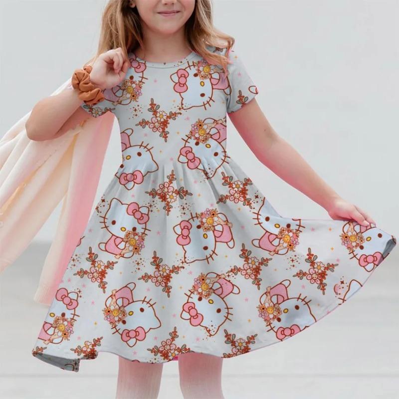 Sanrio 2026New Girls Summer Dress Fashion Cartoon Cute Hello Kitty 3DPrint Dresses Girl Short Sleeve Princess Vacation Clothing