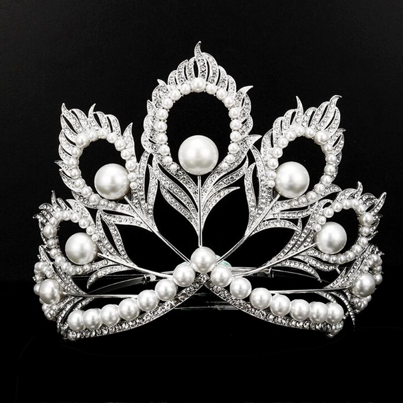 Tiara de Mireasă Perlată Handmade Coroană Mare de Păr Diademă pentru Petrecere/Concurs