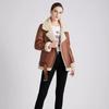 New Winter Women Fashion Leather Fur Warm Zipper Belt Buckle Stand Collar Motorcycle Short Jacket