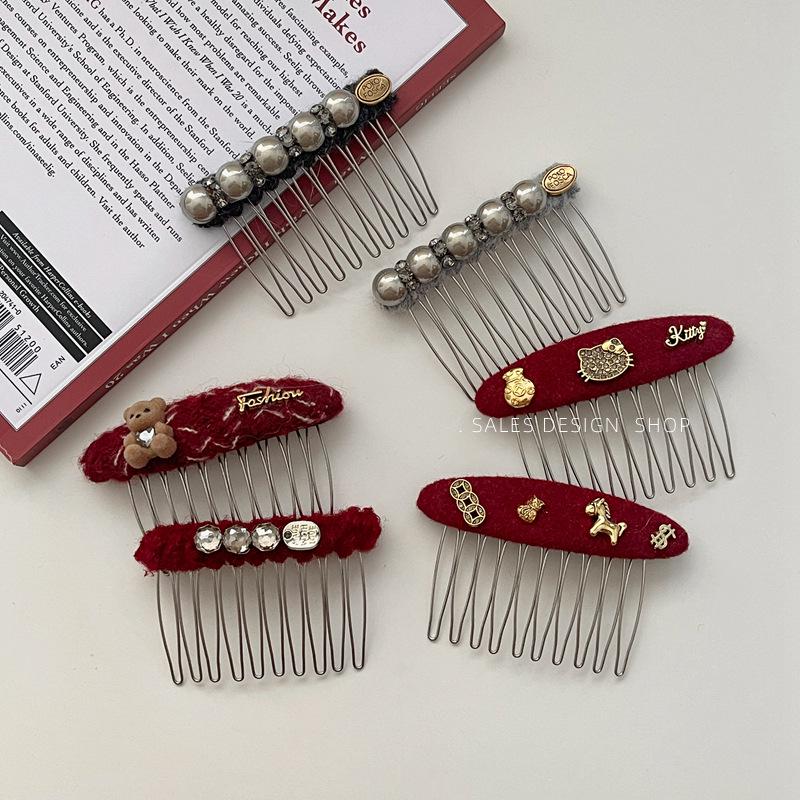 Red Prosperity Fabric Hairpin: Versatile High Skull Top Comb & Bangs Clip for New Year Atmosphere